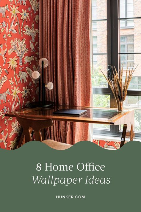 Infusing a fresh dose of personality into a home office can be as simple as installing wallpaper. To help you get going, we've compiled a shortlist of our favorite home office wallpaper design ideas to date. Take a look! #hunkerhome #homeofficeideas #wallpaperideas #homeofficedecor #homeofficewallpaperideas #homeoffice Fun Home Office Wallpaper, Office Ideas With Wallpaper, Best Office Wallpaper, Offices With Wallpaper, Office Interior Design Wallpaper, Wallpaper In Home Office, Small Office Wallpaper, Wallpaper Home Office Inspiration, Home Office Wallpaper Accent Wall