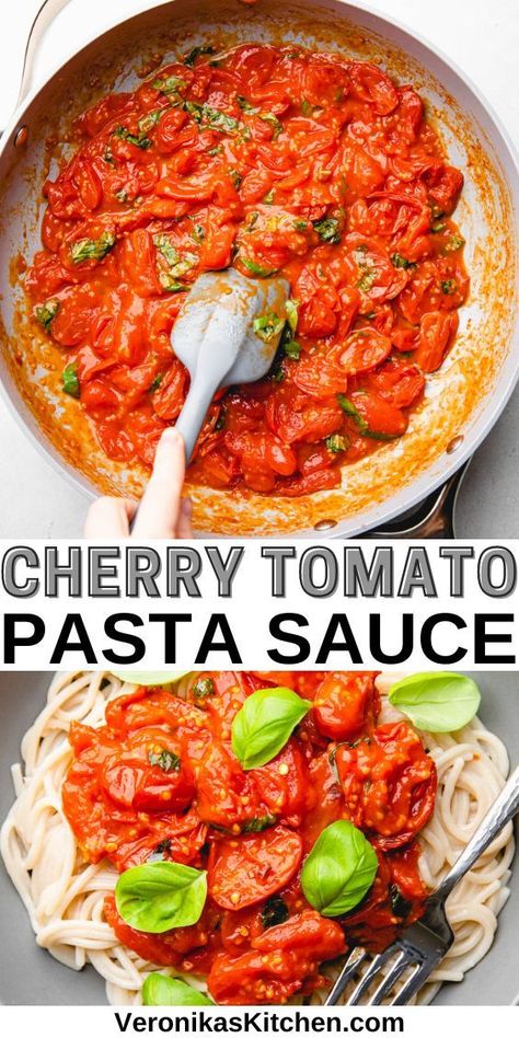 Top photo: Cherry tomato sauce in a skillet with a spatula. Bottom photo: Spaghetti topped with cherry tomato sauce and fresh basil leaves. Roasted Cherry Tomato Sauce, Tomato Cream Sauce Pasta, Cherry Tomato Pasta Sauce, Cherry Tomato Sauce, Cherry Tomato Pasta, Tomato Pasta Sauce, Roasted Cherry, Summer Corn Salad, Roasted Cherry Tomatoes