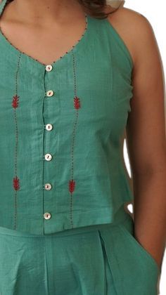 Halter Neck Tops, Cotton Tops Designs, Clothes Embroidery, Classic Clothes, Ocean Green, Kurta Neck Design, Cotton Kurti Designs, Kurta Designs Women, Embroidery On Clothes