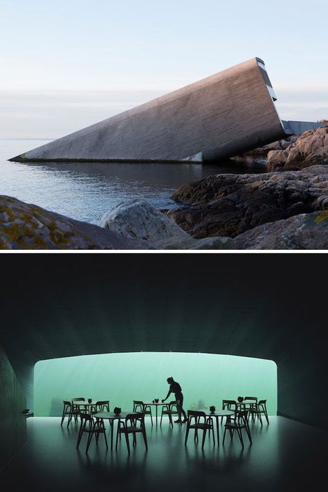 Under Restaurant Norway, Underwater Architecture, Restaurant Building, Water Hotel, Underwater Restaurant, Water Architecture, Floating Restaurant, Scandinavian Architecture, Restaurant Concept