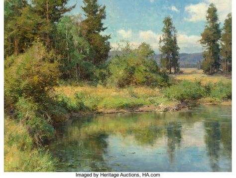 Clyde Aspevig (American, b. 1951). Summer Pond. Oil on canvas. 30 x | Lot #68101 | Heritage Auctions Clyde Aspevig, Green Landscapes, Landscapes Paintings, Lake Reflection, Reflection Painting, Painting References, American Landscape, Landscape Art Painting, Water Art