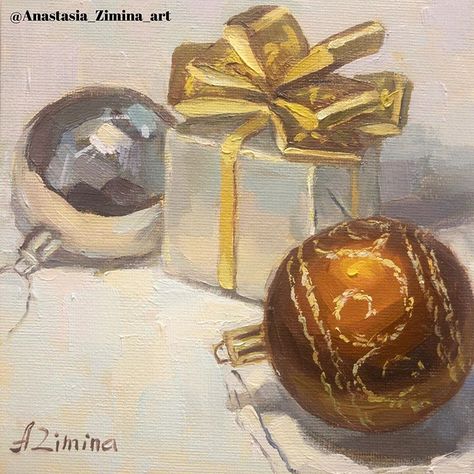 Christmas Ornaments Painting, Ornaments Painting, Silver Decorations, Oil Painting Still Life, Gold Christmas Ornaments, Christmas Paintings On Canvas, Painting Christmas, Christmas Painting, Holiday Wall Decor