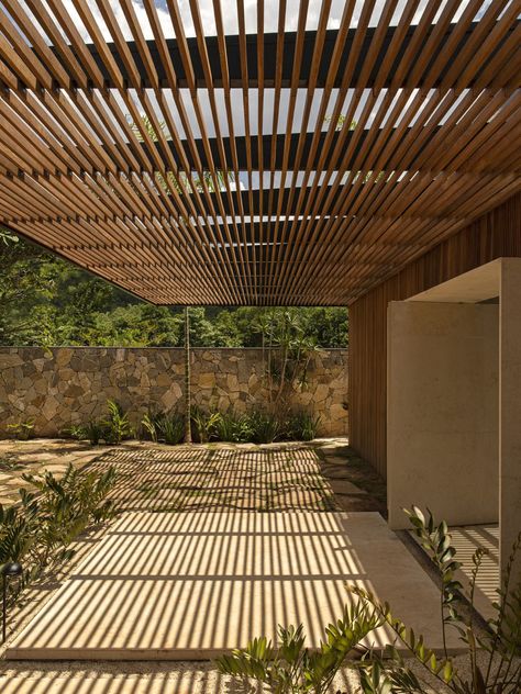 Grey Stone Wall, Private Courtyard, Bamboo Ceiling, Kitchen Island Bench, Architectural Materials, Wood Houses, Corfu, Pool Area, Summer House