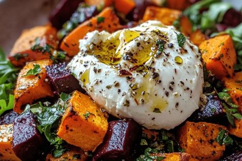 Try this Sweet Potato, Roasted Beets, and Carrots Salad with Burrata! A healthy, flavorful dish with a simple homemade dressing. Sweet Potato Burrata Salad, Roasted Beet Carrot Burrata, Beet Sweet Potato Recipe, Roasted Vegetables With Burrata, Roasted Beets Carrots Sweet Potatoes, Beets Dinner Recipe, Sweet Potato Beets Roasted, Beet Sweet Potato Salad, Roasted Beets And Carrots With Burrata