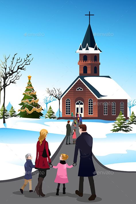 People Going to  Church Family Going To Church, People In Church, Church Illustration, Christmas Vector Illustration, Church Artwork, Illustration Of People, Going To Church, Church Images, Go To Church