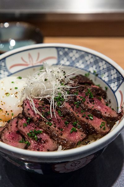 Gorgeous Wagyu Donburi (Wagyu Beef Bowl) with Onsen Tamago at the Fat Cow. Yummy! Japanese Wagyu Recipe, Wagyu Steak Aesthetic, Wagyu Donburi, Steak Donburi, Beef Donburi, Wagyu Beef Recipe, Donburi Recipe, Onsen Tamago, Donburi Bowl