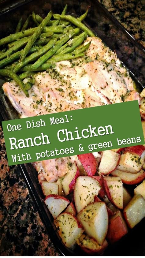 I made this dish used boneless chicken thighs instead and also added gluten free chicken bullion!!! "Delish" Ways To Use Ranch Seasoning, One Pan Wonder, Potatoes Green Beans, Chicken With Potatoes, Potatoes And Green Beans, Chicken Green Beans, Ranch Mix, Potato Bake, Homemade Ranch