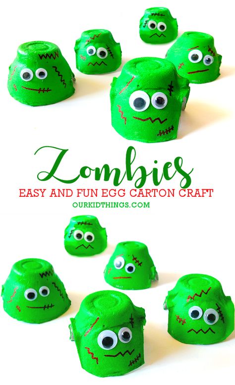 Egg Carton Zombie Craft Halloween Craft With Egg Carton, Fun Activities For 3-5, Egg Carton Halloween Crafts For Kids, Egg Carton Crafts For Kids Halloween, Egg Box Halloween Crafts, Halloween Frankenstein Crafts, Egg Drop Ideas Projects, Egg Carton Ghost, Kinder Halloween Activities