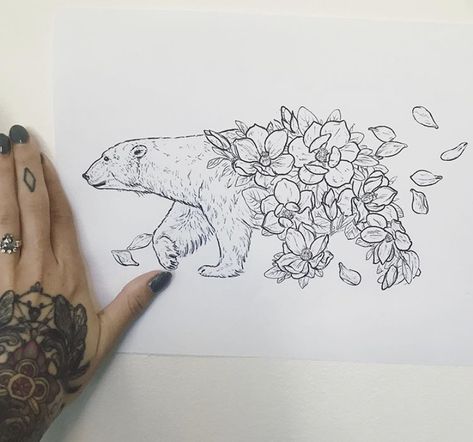 Bear And Poppy Tattoo, Bear Landscape Tattoo, Bear Feminine Tattoo, Illustrative Bear Tattoo, Bear And Sunflower Tattoo, Bear And Rose Tattoo, Bear With Flowers Drawing, Bear Holding Flowers Tattoo, Bear Tattoos With Flowers