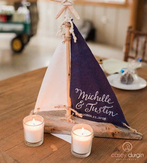 Maine Driftwood Handcrafted Sailboat - Wedding Head Table - Custom Driftwood Sailboat Centerpiece fo Sailboat Centerpiece, Sailboat Wedding, Yacht Wedding Ideas, Driftwood Sailboat, Marriage Conference, Centerpiece For Wedding, Beach Wedding Coral, Wedding Head Table, Nautical Table