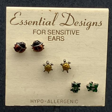 Essential Designs, For Sensitive Ears, Hypoallergenic, New On Card, Vintage Old Stock Lot Of Three Pairs Stud Pierced Earrings! Ladybugs With Black And Orangey Red Translucent Enamel, Turtles With Yellow Translucent Enamel And Frogs With Metallic Green Enamel, All Silvertone Setting! #Essentialdesignsearrings #Sensitiveears #Hypoallergenic #Ladybugearrings #Turtleearrings #Frogearrings #Silverearrings #Orangeearrings #Redearrings #Blackearrings #Yellowearrings #Greenearrings #Vintageearrings #Re Ear Piercings Vintage, Cute Earring Studs, Funky Jewelry Earrings, Funky Stud Earrings, November Jewelry, Turtle Frog, Bug Earrings, Ladybug Earrings, Cute Stud Earrings