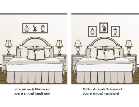 Artwork do's and don'ts over a curved headboard #artwalls #gallerywalls #howtohangart Curved Headboard Art Above, Pictures Over Bed, Above Headboard Decor, Pictures Above Bed, Curved Bed Frame, Artwork Above Bed, Art Over Bed, Headboard Art, Curved Bed