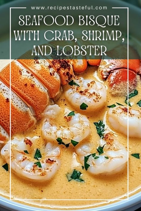 Indulge in this rich and creamy Seafood Bisque, featuring succulent crab, shrimp, and lobster. Perfect for special occasions or a comforting meal, this bisque is bursting with flavors and a touch of luxury. Lobster And Shrimp, Shrimp Bisque, Creamy Seafood, Crab Bisque, Seafood Bisque, Seafood Bake, Crab Stuffed Shrimp, Homemade Cookbook, How To Cook Lobster