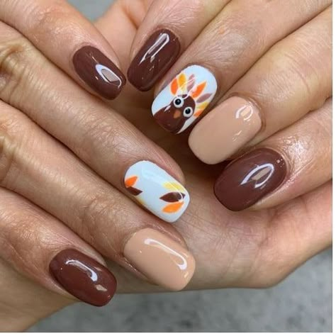 30 Super Cute Thanksgiving Nails (Including Turkey Nails!) for 2024 Thanksgiving Inspo Nails, Fall Nails Turkey, Turkey Nail Art Step By Step, Nail Art Turkey, Turkey On Nails, Thanksgiving Nails With Turkey, Turkey Nails Designs Easy, Thanking Nails, Turkey Acrylic Nails