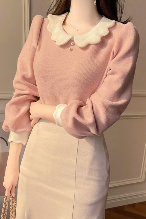 Korean Style Korean Fashion Spring Outfit Ideas Women’s Knitwear Knitwear Sweaters Clothes Cupboard, Korean Clothing Brands, Organza Fashion, Knitwear Sweaters, Korean Sweater, Detail Couture, Vintage Blouses, Kurti Dress, Korean Tops