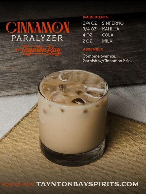 🍹✨ Indulge in the sensational CINNAMON PARALYZER by Taynton Bay, featuring the rich essence of Sinfero! 🌟 Perfectly balanced with Sinfero, Kahlua, cola, and a creamy touch of milk, this concoction is a taste bud symphony! 🥂✨ 🌈✨ 𝗜𝗻𝗴𝗿𝗲𝗱𝗶𝗲𝗻𝘁𝘀: 3/4 oz Sinfero 3/4 oz Kahlua 4 oz Cola 2 oz Milk 👩‍🍳✨ 𝗛𝗼𝘄 𝘁𝗼 𝗠𝗮𝗸𝗲 𝗜𝘁: Combine all ingredients in a glass over ice. Stir gently to blend the flavors into a luscious Cinnamon Paralyzer! #CinnamonParalyzer #TayntonBayDelight Paralyzer Drink, Paralyzer Drink Recipe, Paralyzer, Fall Cocktails Recipes, Fall Cocktail, Fall Cocktails, Drink Recipe, Cocktail Recipe, Taste Buds