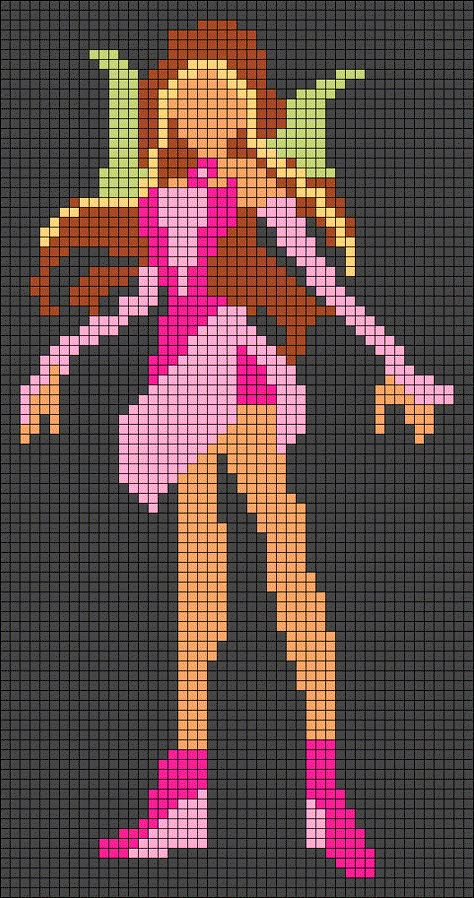 Alpha pattern #92441 | BraceletBook Winx Club Cross Stitch, Alpha Patterns Tapestry, Fairy Alpha Pattern, Fairy Pixel Art, Alpha Patterns Pixel Art, Winxclub Flora, Cross Stitch Anime, Pixel Portrait, Plant Fairy