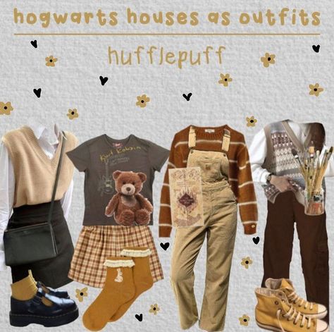 Hufflepuff Outfit Universal, Hogwarts Fashion Aesthetic, Hufflepuff Outfit Ideas, Hufflepuff Aesthetic Outfits, Hufflepuff Inspired Outfits, Hogwarts Outfits Aesthetic, Hufflepuff Clothes, Hufflepuff Outfit, Themed Nights