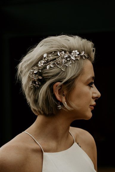 Short Wedding Hair Styles For Bride, Short Hair Bridal Accessories, Bride Hair Accessories Short Hair, Short Hair Styling Ideas For Wedding, Very Short Wedding Hairstyles, Short Hair Wedding Accessories, Masc Wedding Hairstyles, Wedding Hairstyles For Very Short Hair, Very Short Hair Wedding Styles