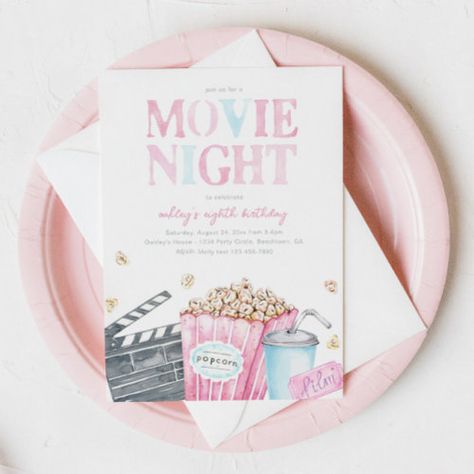 Movie Night Birthday Invitation Movie Party #zazzle #weddinginvitations #birthdayinvitations #babyshowerinvitations #zazzleinvitations #monogram #businesscards #graduation #homedecor Movie Theater Invitation Ideas, Outside Movie Night Party, Pink Movie Night, Movie Theater Birthday, Movie Party Invitations, Movie Theme Birthday Party, Movie Night Birthday, Movie Night Invitations, Night Birthday Party