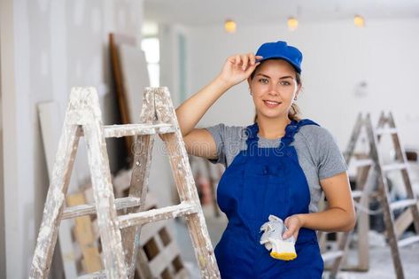 Smile Images, Blue Overalls, Young Professional, Paint Roller, Teenage Boys, Long Hair Women, Stock Photography Free, Professional Women, Construction Site