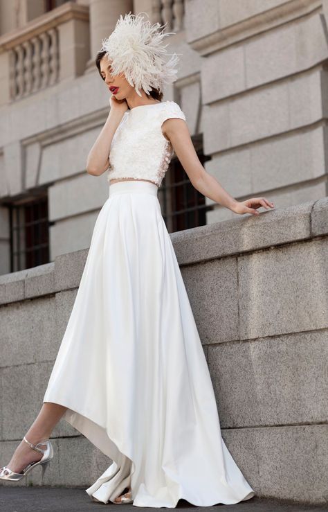 Wedding Dress Two Piece, Crop Top Wedding Dress, Two Piece Wedding Dress, Bridal Separates, Wedding Inspirations, Satin Skirt, Stretch Satin, Who Knows, Bridal Collection