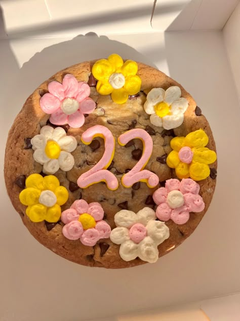 Cookie Cake 22nd Birthday, 21 Birthday Cookie Cake, 21 Cookie Cake, 20th Birthday Cookie Cake, Daisy Cookie Cake, Cookie Cake With Flowers, 21st Cookie Cake, Cookie Cake Decoration Ideas, Girly Cookie Cake