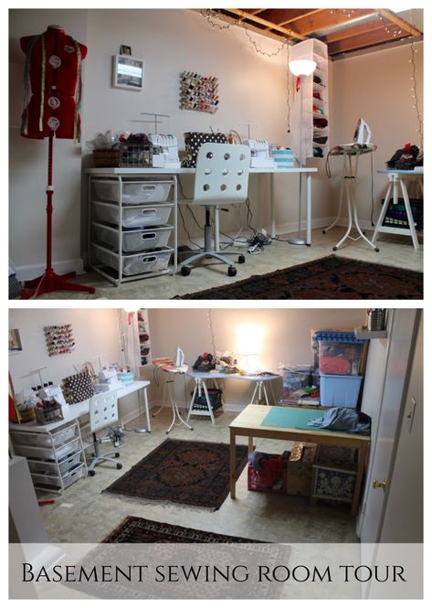 Don't have a picture-perfect space in which to set up your craft room? See one idea for turning a windowless, unrenovated basement into a sewing sanctuary. #sewingroom #sewingspace #craftro Basement Sewing Room, Windowless Basement, Organized Craft Space, Quilt Room Organization, Basement Craft Rooms, Sewing Room Inspiration, Sewing Spaces, Sewing Room Design, Dream Craft Room