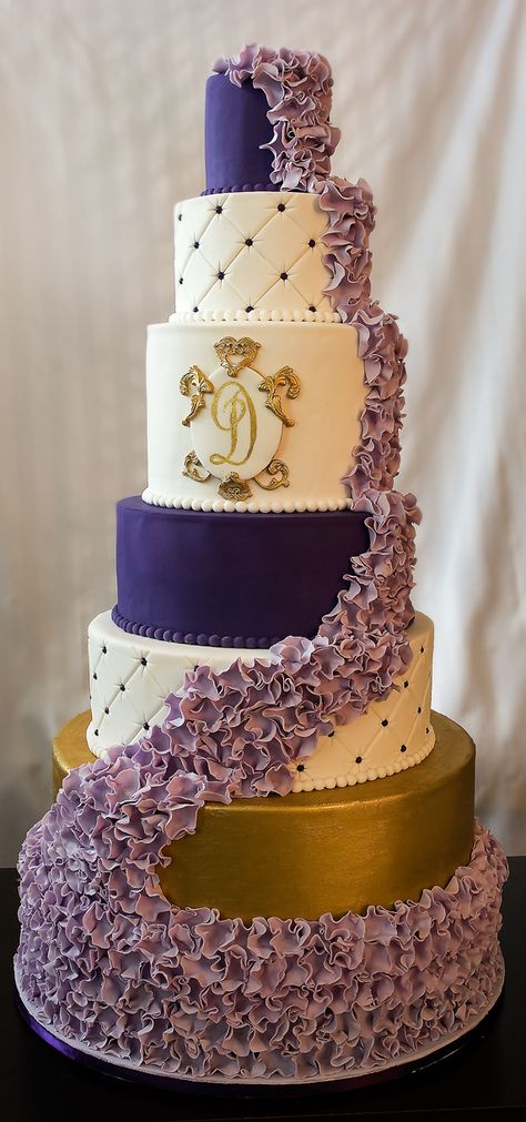 Purple Black And Gold Wedding Cake, Purple And Gold Groomsmen Attire, Purple Gold Wedding Cake, Wedding Cake Purple And Gold, Blue Purple Gold White Wedding, Royal Purple Wedding Cake, White Gold And Purple Wedding, Purple And Gold Wedding Dress, Gold And Purple Wedding Theme