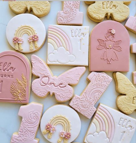 Cookies One Birthday, Butterfly First Birthday Cookies, Butterfly Fondant Cookies, Butterfly 1st Birthday Cookies, 1st Birthday Biscuits, Fairy First Birthday Cookies, 1st Birthday Cookies Girl, Stamped Fondant Cookies, Butterfly Birthday Cookies