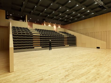 Performing arts theatre equipped with retractable seating | Figueras Dance Studio Design, Modern Theatre, Church Building Design, Auditorium Design, Auditorium Seating, Theater Architecture, Theatre Interior, Commercial And Office Architecture, Theatre Design