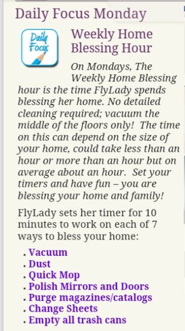 Fly Lady Zone Cleaning, Flylady Zone Cleaning, Fly Lady Weekly Home Blessing, The Fly Lady, Flylady Daily Focus, Fly Lady Cleaning, Household Cleaning Schedule, Zone Cleaning, Daily Schedule Template