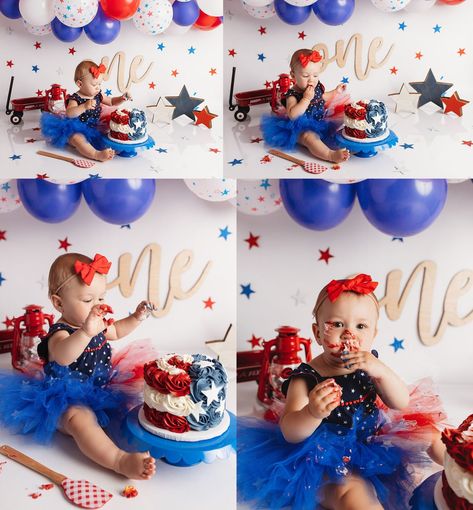 1st Birthday Fireworks Theme, Red White Blue Smash Cake, July First Birthday, Memorial Day 1st Birthday Party, Patriotic First Birthday Girl, First Birthday Fourth Of July Theme, 4th Of July Themed 1st Birthday Party, Firecracker Birthday Party, Our Little Firecracker Is Turning One