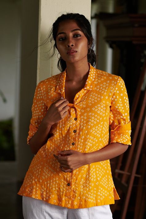 Tunics: Buy Women Designer & Stylish Tunic & Shirts Online – The Kaithari Project Bandhani Shirt, Western Dresses For Women, Stylish Tunic, Stylish Tops For Women, Simple Kurta Designs, Style Guru, Kurti Design, Stylish Summer Outfits, Sunflower Yellow