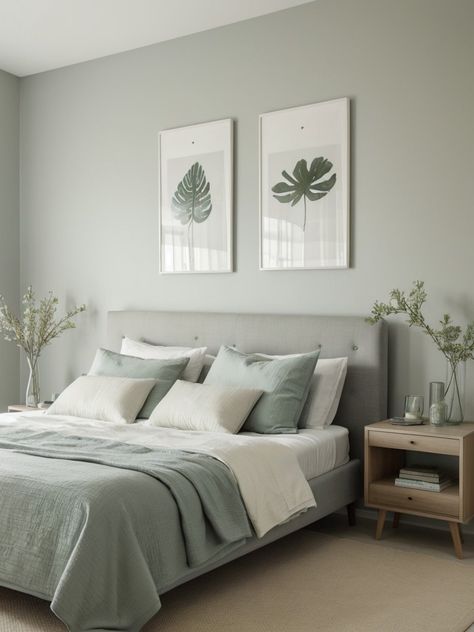 Get Serene and Stylish: Inspiring Green Bedroom Decor Trends! - Bedroom Inspo Light Green And Gray Bedroom, Sage And Grey Bedroom, Grey Green Bedroom, Grey And Green Bedroom, Green Grey Bedroom, Pale Green Bedrooms, Bedroom Inspo Grey, Sage Green And Grey Bedroom, Grey Green Bedrooms