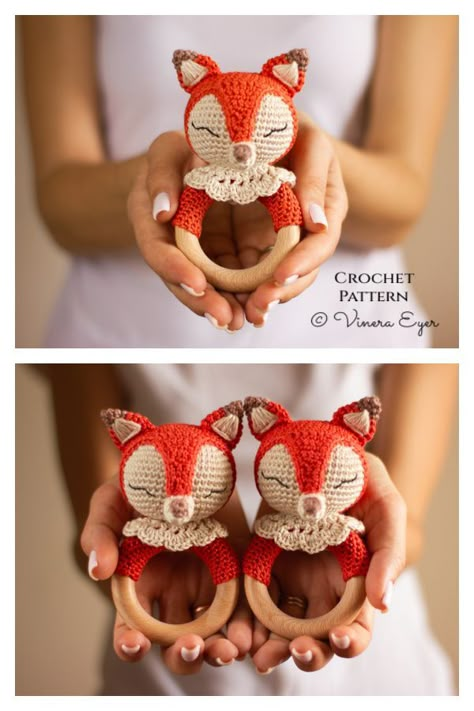 Crochet Fox Pattern Free, Teether Pattern, Rattle Crochet, Crochet Baby Mobiles, Knitted Mittens Pattern, Crochet Toys Free Patterns, Fox Crafts, Crochet Baby Gifts, Crocheted Fox Pattern