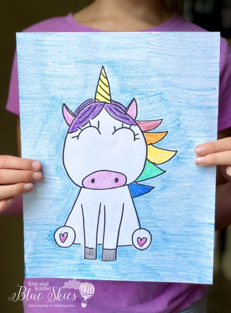 Guided Drawing Kindergarten, Directed Drawing Kindergarten, Kindergarten Drawing, Elementary Art Classroom, Writing Page, Toddler Drawing, Drawing Blue, Blue Unicorn, Drawing Lessons For Kids