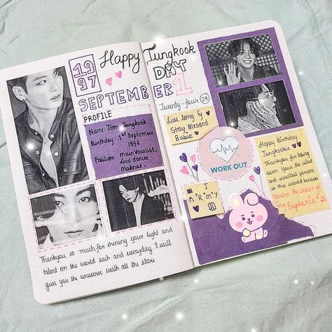 Hello people.. I have tried creating the jungkook birthday journal.. Hope you like it.💜 Jeon Jungkook Journal Ideas, Jungkook Birthday Journal Ideas, J Hope Journal Ideas, Taekook Journal Ideas, Jungkook Diary Ideas, Birthday Journal Ideas Aesthetic, Happy Birthday Journal Ideas, Jimin Birthday Journal, J Hope Journal