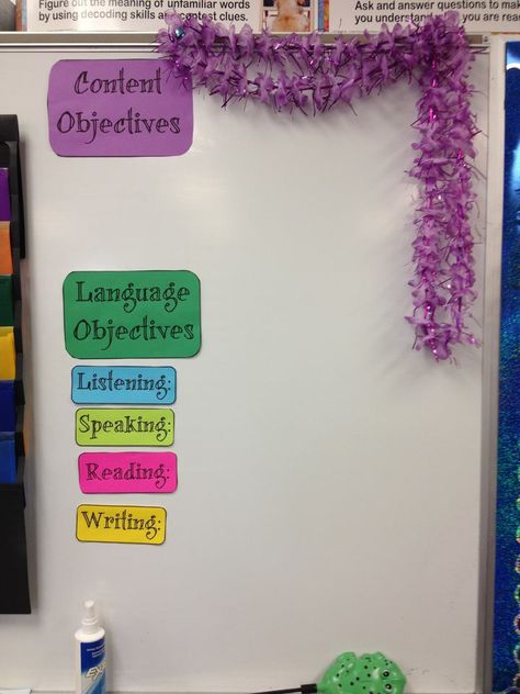 Content and Language Objectives must be posted in our classrooms Objectives Display, Classroom Objectives, Language Objectives, Esl Classroom, Bilingual Classroom, Learning Targets, Middle School Reading, Education Information, Teaching Techniques