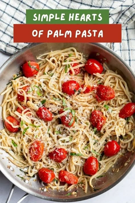 Easy Hearts of Palm Pasta is made with hearts of palm noodles, instead of traditional pasta. A grain-free, low-carb and keto-approved recipe that is super easy to make with minimal ingredients. Make this healthy vegetarian (or vegan) recipe in less than 20 minutes! For this recipe, you will only need palm pasta, olive oil, garlic, cherry tomatoes, and an optional sprinkle of grated Parmesan and fresh basil. Palm pasta is a lower-carb, gluten-free, veggie alternative to traditional noodles. Palm Heart Pasta Recipes, Trader Joe’s Hearts Of Palm Pasta, Palm Heart Noodles, Trader Joes Hearts Of Palm Pasta, Heart Of Palm Noodles, Heart Of Palms Pasta Recipes, Palmini Linguine Recipes, Recipes With Palmini Noodles, Trader Joe’s Hearts Of Palm Pasta Recipes