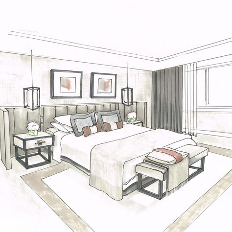 Anime Room Illustration, Simple Elegant Bedroom, Hotel Room Design Plan, Elegant Bedroom Design, Interior Design Portfolio Layout, Interior Design Sketchbook, Room Illustration, Interior Design Layout, Furniture Design Sketches