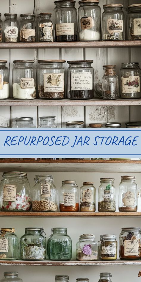 This pin features two stunning images showcasing creative ways to upcycle old jars into stylish storage solutions, perfect for home organization and DIY enthusiasts. Kitchen Ingredients, Jar Storage, Desk Supplies, Upcycling Ideas, Stylish Storage, Everyday Items, Paper Decorations, Storage Containers, Twine