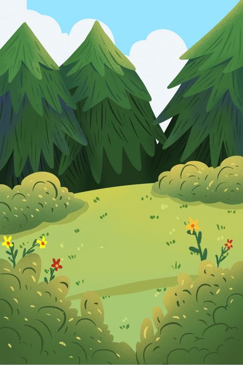 Nature Illustration Background, Cartoon Landscape Drawing, Cute Background Drawing Ideas, Cute Animation Background, Cartoon Setting Background, Background Nature Drawing, Simple Animation Background, Cute Grass Drawing, Grass Background Cartoon