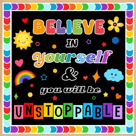 PRICES MAY VARY. 【 Bulletin Board Decoration Set 】You will receive letter cut-outs for the words "BELIEVE IN yourself & you will be UNSTOPPABALE". 1 x sun, 1 x rainbow, 1 x cloud, 1 x flower, 25 x colorful classroom borders, 60 x stickers confetti, 160 x glue dots. 【 Inspiring and Eye Catching 】Vibrant motivational cutouts features an assortment of eye-catching colors that will brighten and liven up any setting. The positive bulletin board set helps to your classroom an inspiring place to learn. Inspiring Bulletin Board Ideas, Special Needs Bulletin Board Ideas, Pediatric Office Bulletin Board Ideas, Art Bulletin Board Ideas, Back To School Classroom Decorations, Bulletin Boards Back To School, Office Bulletin Board Ideas, Reading Lab, Bulletin Board Wall