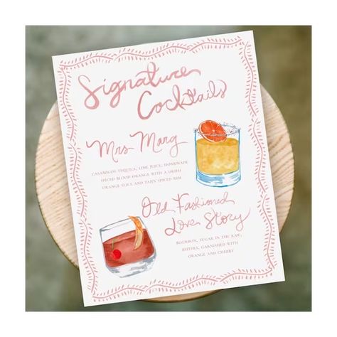 Watercolor Drink Menu Wedding, Signature Cocktail Menu Sign, Specialty Cocktail Sign, Watercolor Menu Wedding, Wedding Cocktail Names, His And Hers Cocktails Wedding, Cocktail Menu Wedding, Drinks Sign Wedding, Drink Menu Wedding