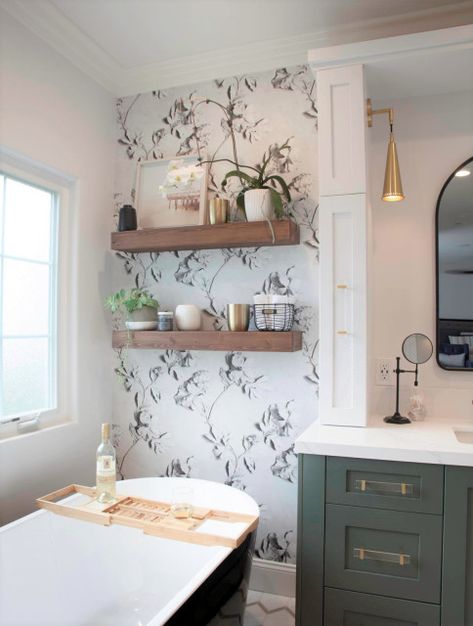 farmhouse bathroom wallpaper - Google Search Greenery Wallpaper Bathroom, Forest Green Vanity, Bathroom Wallpaper Greenery, Farmhouse Bathroom Wallpaper, Farmhouse Bathroom Wallpaper Botanical, Black And White Wallpaper Bathroom Farmhouse, Dark Wook Bathroom Vanity With Wallpaper, Green Vanity, Black And White Bathroom