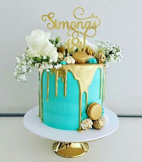 18th Birthday Cake Turquoise, Teal And Gold Cake Ideas, Turquoise And Gold Birthday Party Ideas, Teal Birthday Cake For Women, Turquoise Cake Birthday, Teal Birthday Cake, Turquoise Cake, Teal Cake, Purple Cakes Birthday