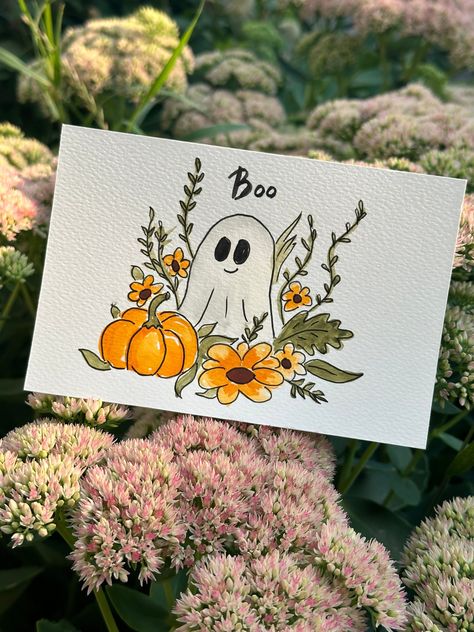 Happy Halloween card Funny handmade watercolor painting cards.   The card is blank, you can sign it as you wish.  The set also includes an envelope.  size 5*7 inches Watercolor Greeting Cards Party & Celebration, Halloween Card Drawing Ideas, Pumpkin Birthday Card Ideas, Watercolor Cards Artwork, Ghost Cards Handmade, Halloween Painting Ideas Watercolor, Happy Halloween Cards Diy, Colored Pencil Cards, Fall Themed Birthday Cards