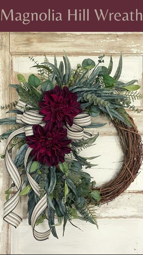 Cottage Style Dahlia Wreath | Wreaths, Fall decor wreaths, Christmas wreaths diy Personalized Christmas Wreath, Big Wreaths For Outside, Christmas Wreath 2022, Wreath Decorating Ideas Christmas, Seasonal Wreaths Diy, Winter Wreaths For Front Door, Dahlia Wreath, Elegant Wreaths, Wreaths Design