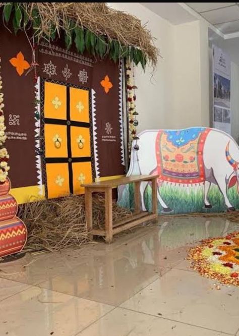 Gujrati Decoration Ideas, Village Theme Decoration, Village Theme Decoration Indian, Playing Card Crafts, Ganpati Decoration Theme, School Board Decoration, Janmashtami Decoration, Ganapati Decoration, Decoration For Ganpati